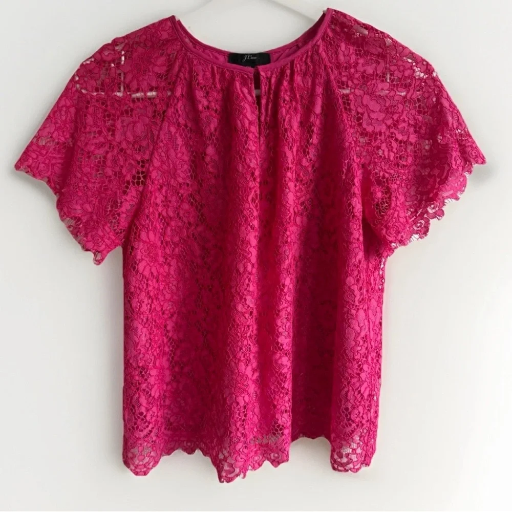 J Crew Short Sleeve Lace Top Lined Blouse Pink Small Petite Pink Flutter Sleeves